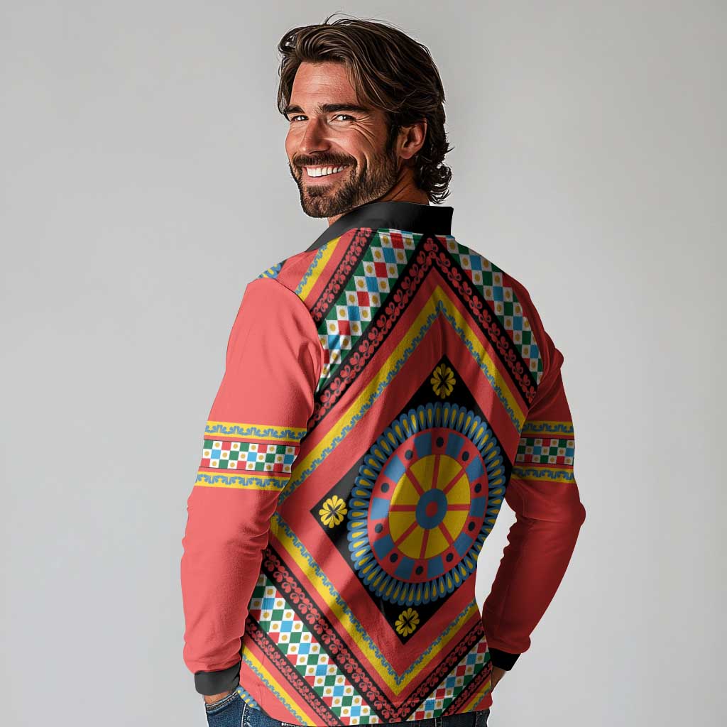 Sicily Italy Carretto Siciliano Long Sleeve Polo Shirt Red Sicilian Cart Wheel Pattern