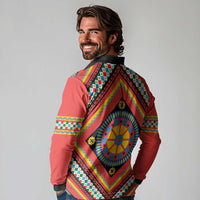 Sicily Italy Carretto Siciliano Long Sleeve Polo Shirt Red Sicilian Cart Wheel Pattern