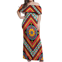 Sicily Italy Carretto Siciliano Off Shoulder Maxi Dress Red Sicilian Cart Wheel Pattern