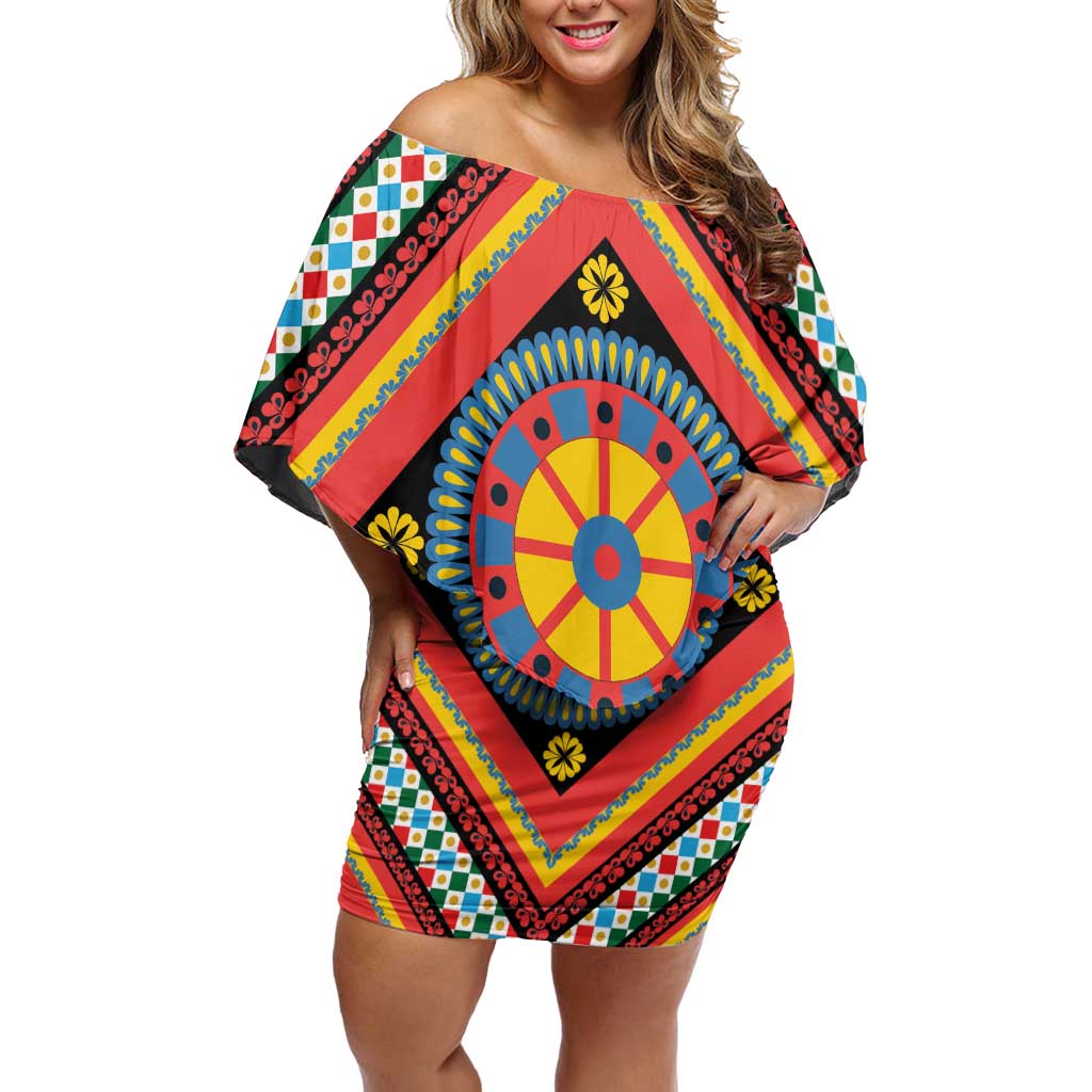 Sicily Italy Carretto Siciliano Off Shoulder Short Dress Red Sicilian Cart Wheel Pattern
