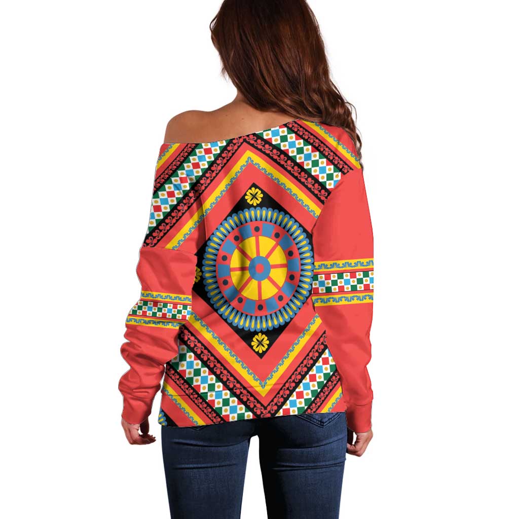 Sicily Italy Carretto Siciliano Off Shoulder Sweater Red Sicilian Cart Wheel Pattern