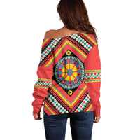 Sicily Italy Carretto Siciliano Off Shoulder Sweater Red Sicilian Cart Wheel Pattern