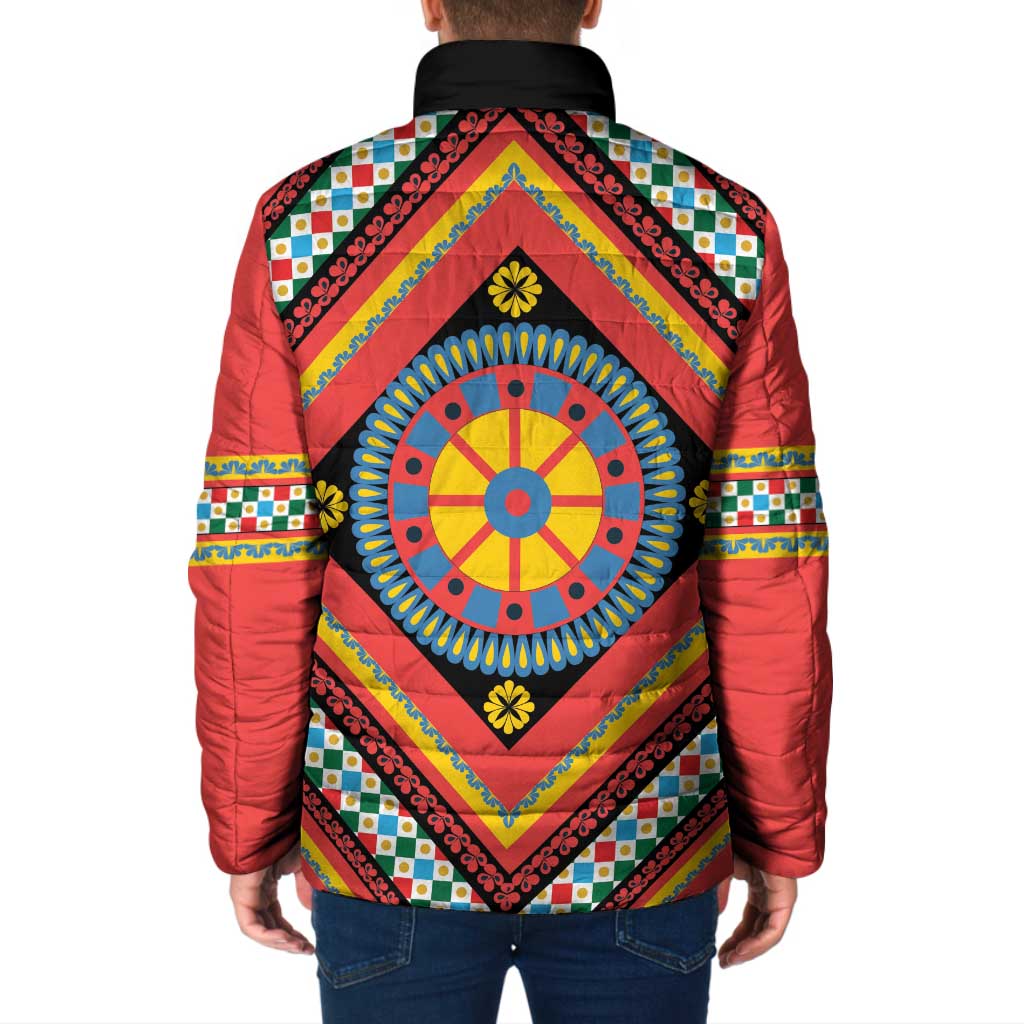 Sicily Italy Carretto Siciliano Padded Jacket Red Sicilian Cart Wheel Pattern