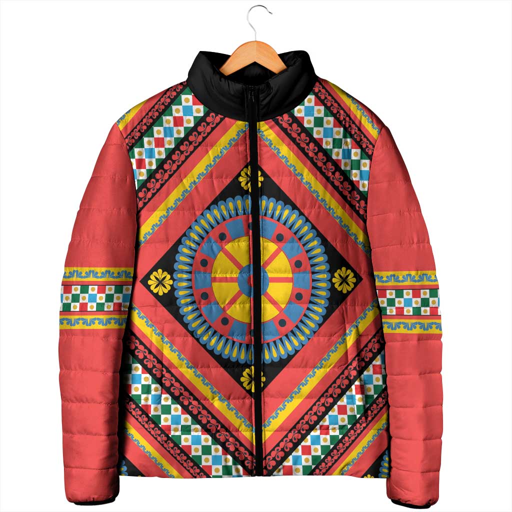 Sicily Italy Carretto Siciliano Padded Jacket Red Sicilian Cart Wheel Pattern
