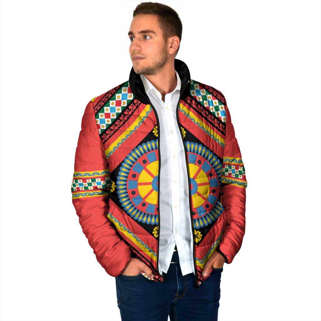 Sicily Italy Carretto Siciliano Padded Jacket Red Sicilian Cart Wheel Pattern