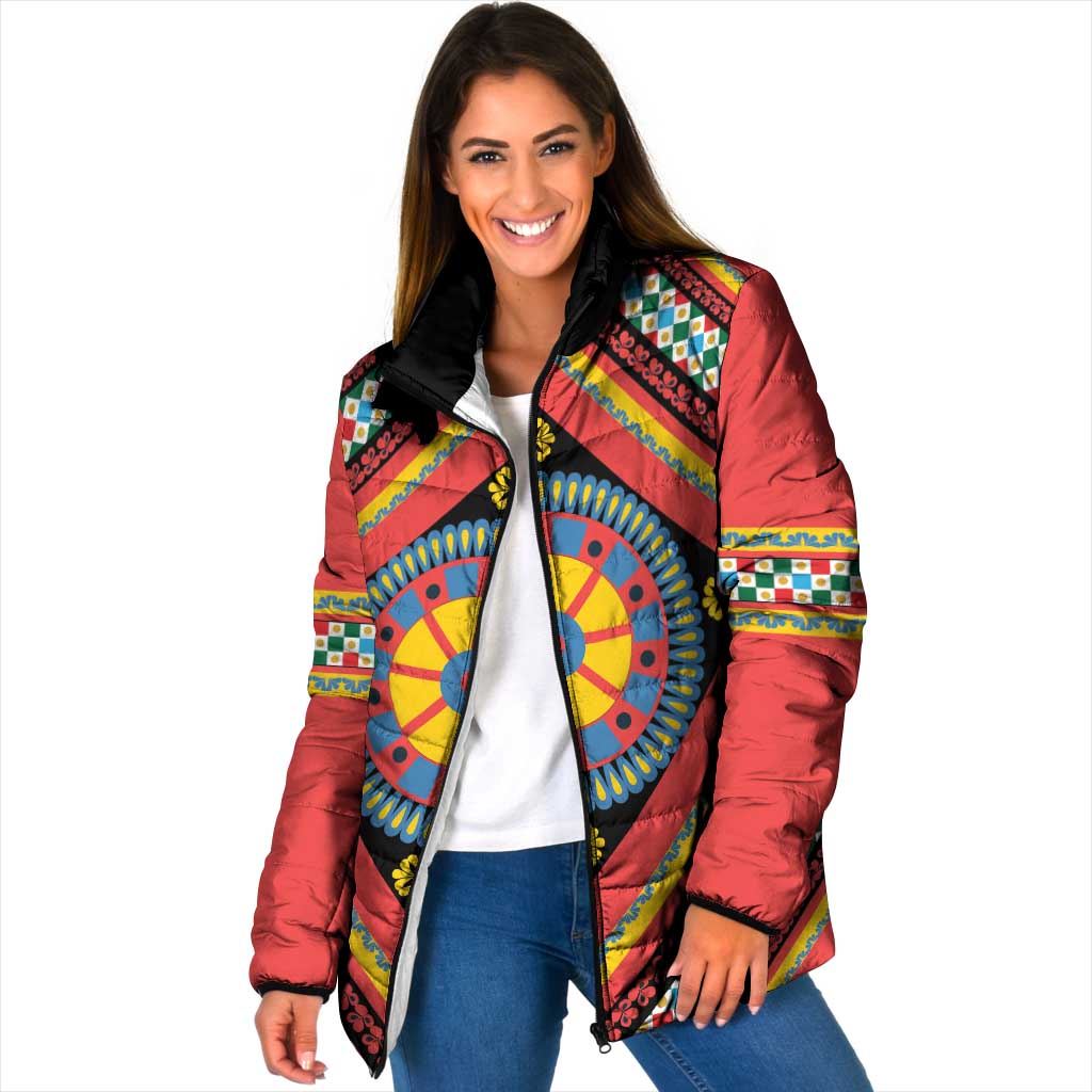Sicily Italy Carretto Siciliano Padded Jacket Red Sicilian Cart Wheel Pattern