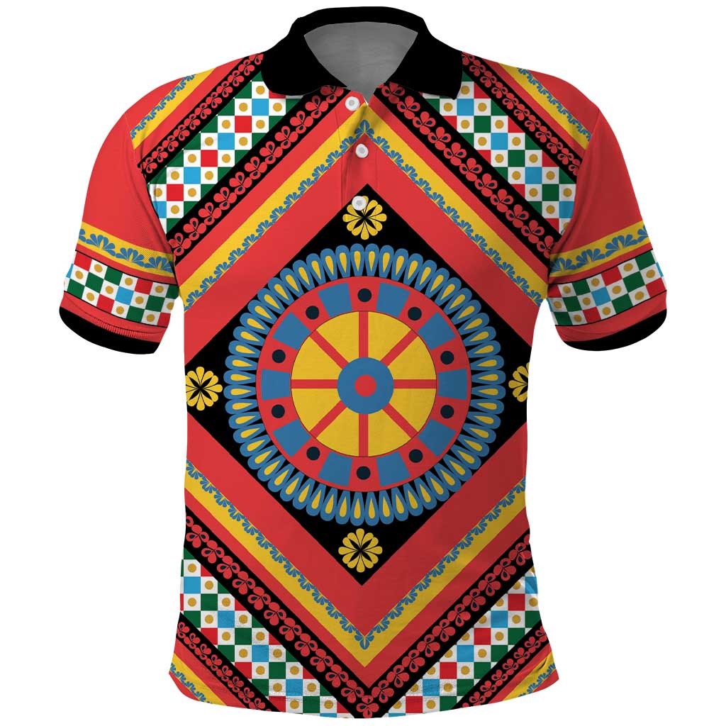 Sicily Italy Carretto Siciliano Polo Shirt Red Sicilian Cart Wheel Pattern