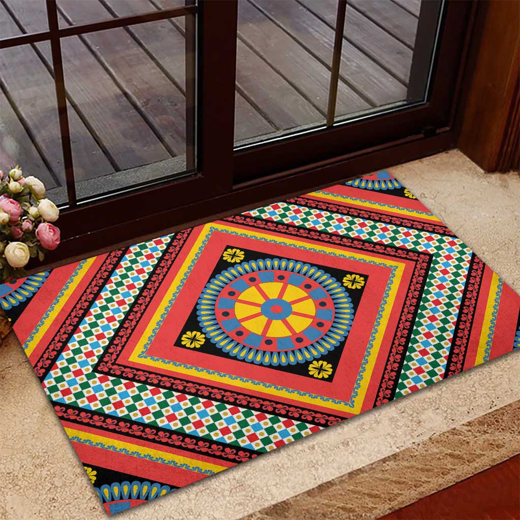 Sicily Italy Carretto Siciliano Rubber Doormat Red Sicilian Cart Wheel Pattern