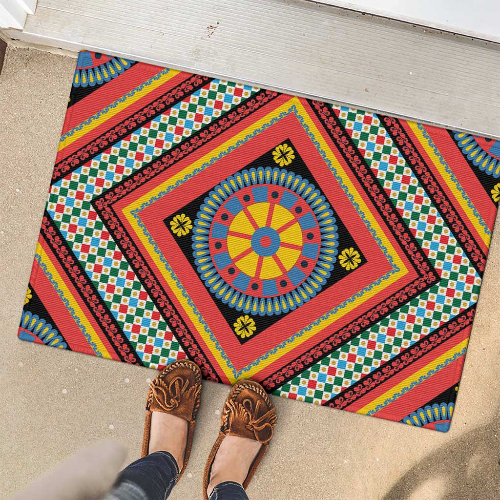 Sicily Italy Carretto Siciliano Rubber Doormat Red Sicilian Cart Wheel Pattern