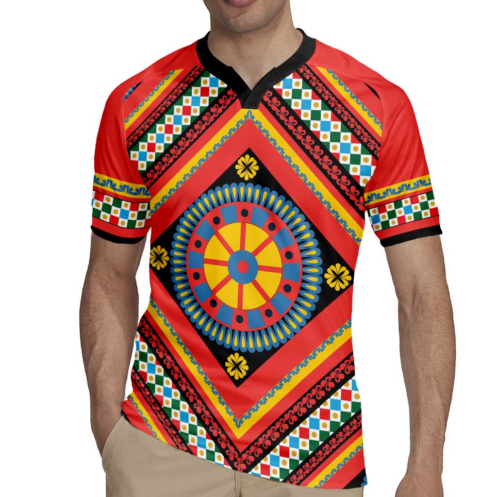 Sicily Italy Carretto Siciliano Rugby Jersey Red Sicilian Cart Wheel Pattern