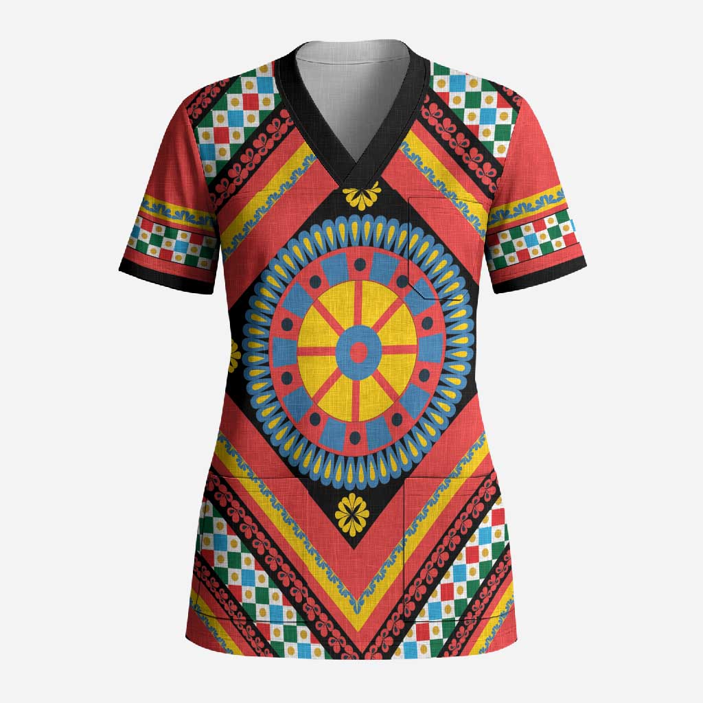 Sicily Italy Carretto Siciliano Scrub Top Red Sicilian Cart Wheel Pattern