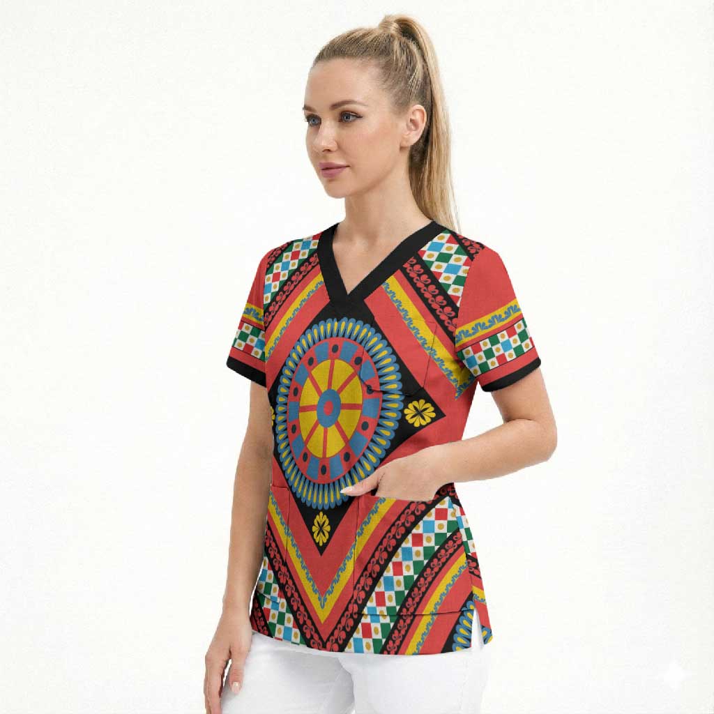 Sicily Italy Carretto Siciliano Scrub Top Red Sicilian Cart Wheel Pattern