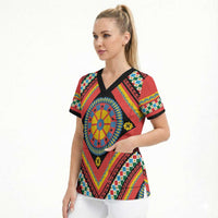 Sicily Italy Carretto Siciliano Scrub Top Red Sicilian Cart Wheel Pattern