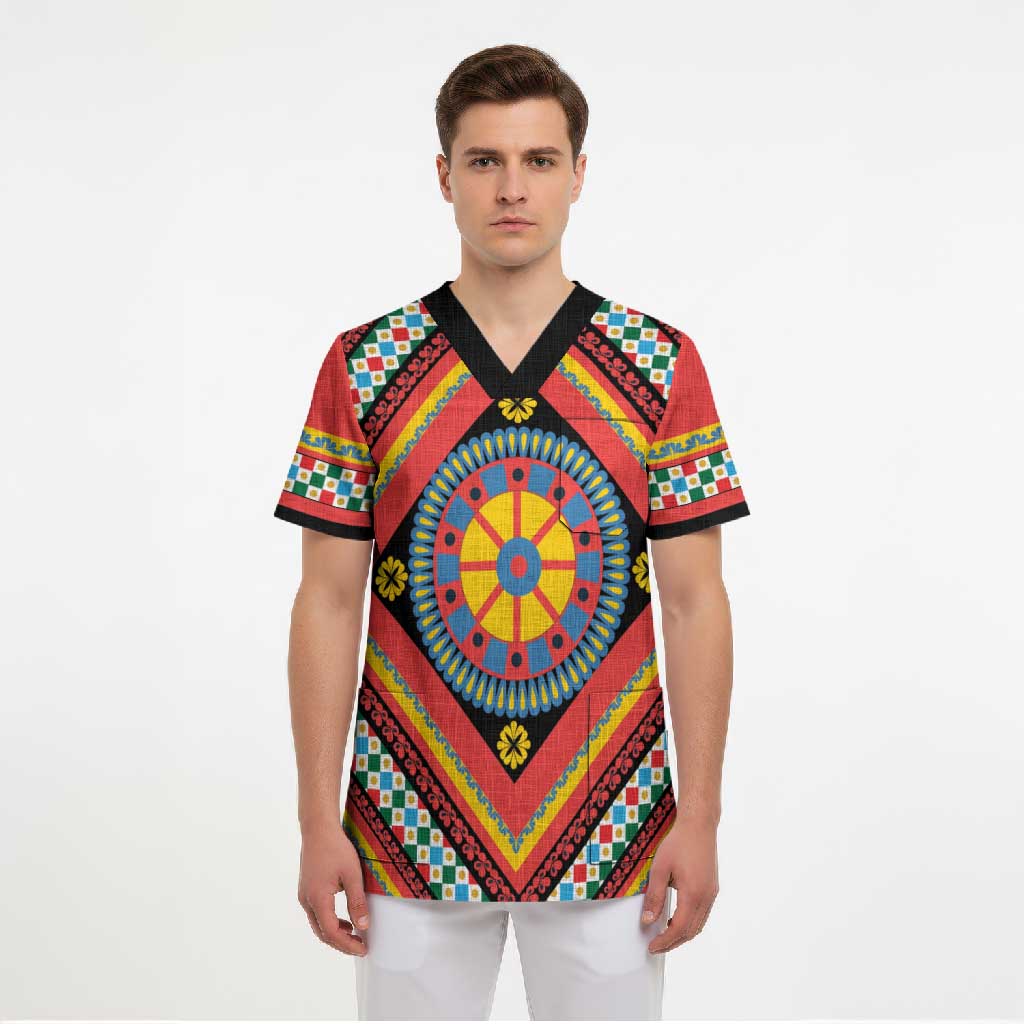 Sicily Italy Carretto Siciliano Scrub Top Red Sicilian Cart Wheel Pattern