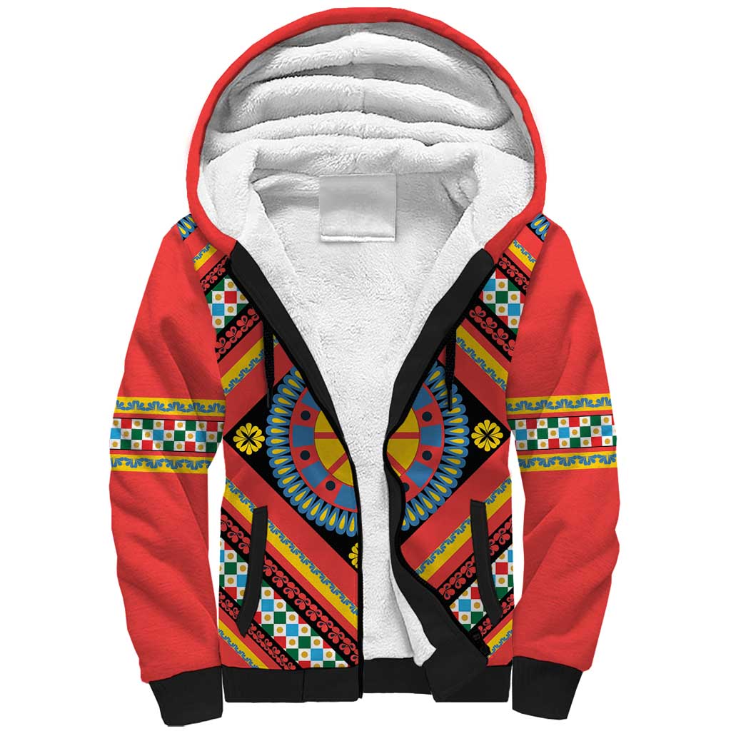 Sicily Italy Carretto Siciliano Sherpa Hoodie Red Sicilian Cart Wheel Pattern
