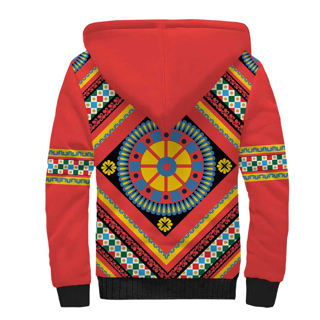 Sicily Italy Carretto Siciliano Sherpa Hoodie Red Sicilian Cart Wheel Pattern