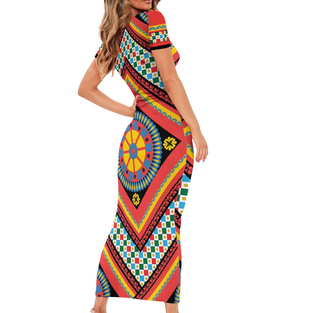 Sicily Italy Carretto Siciliano Short Sleeve Bodycon Dress Red Sicilian Cart Wheel Pattern