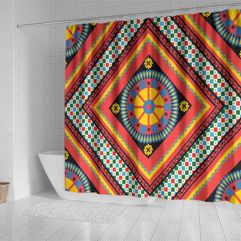 Sicily Italy Carretto Siciliano Shower Curtain Red Sicilian Cart Wheel Pattern