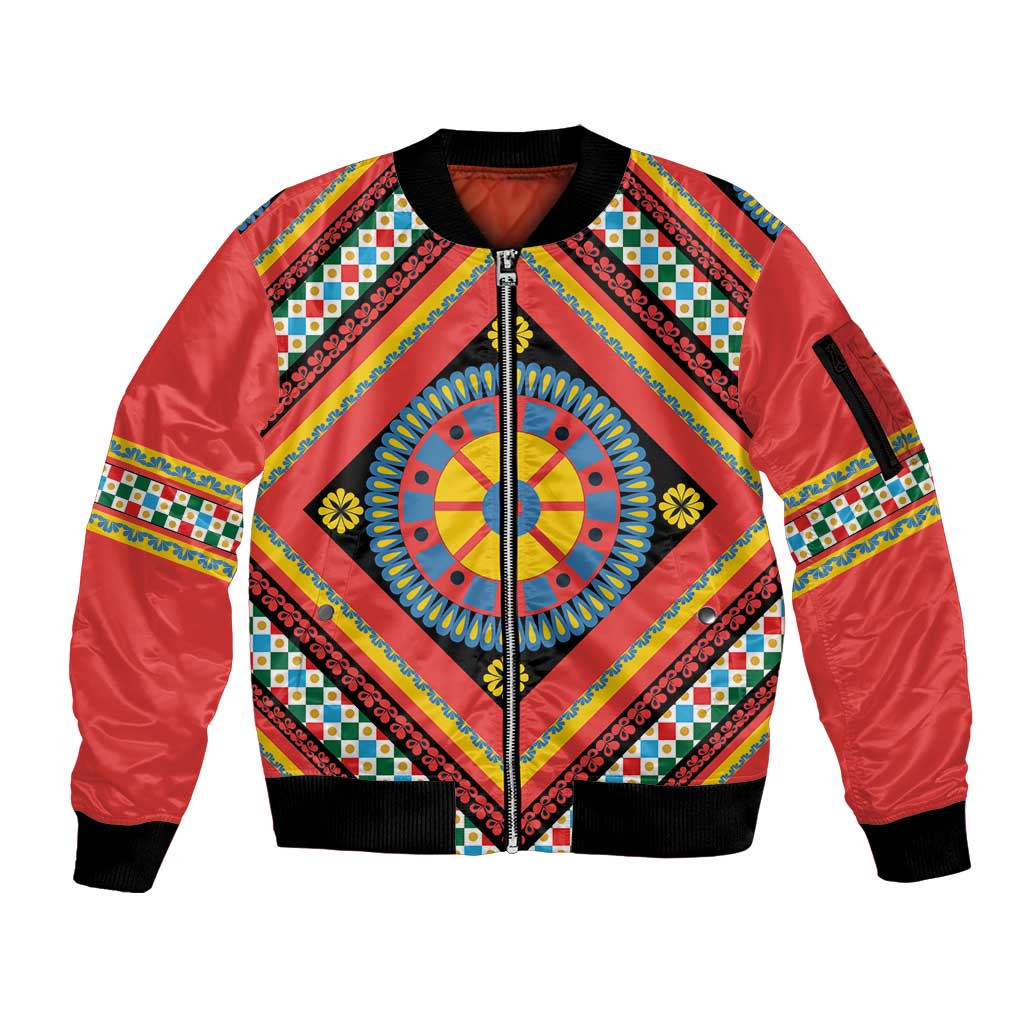 Sicily Italy Carretto Siciliano Sleeve Zip Bomber Jacket Red Sicilian Cart Wheel Pattern