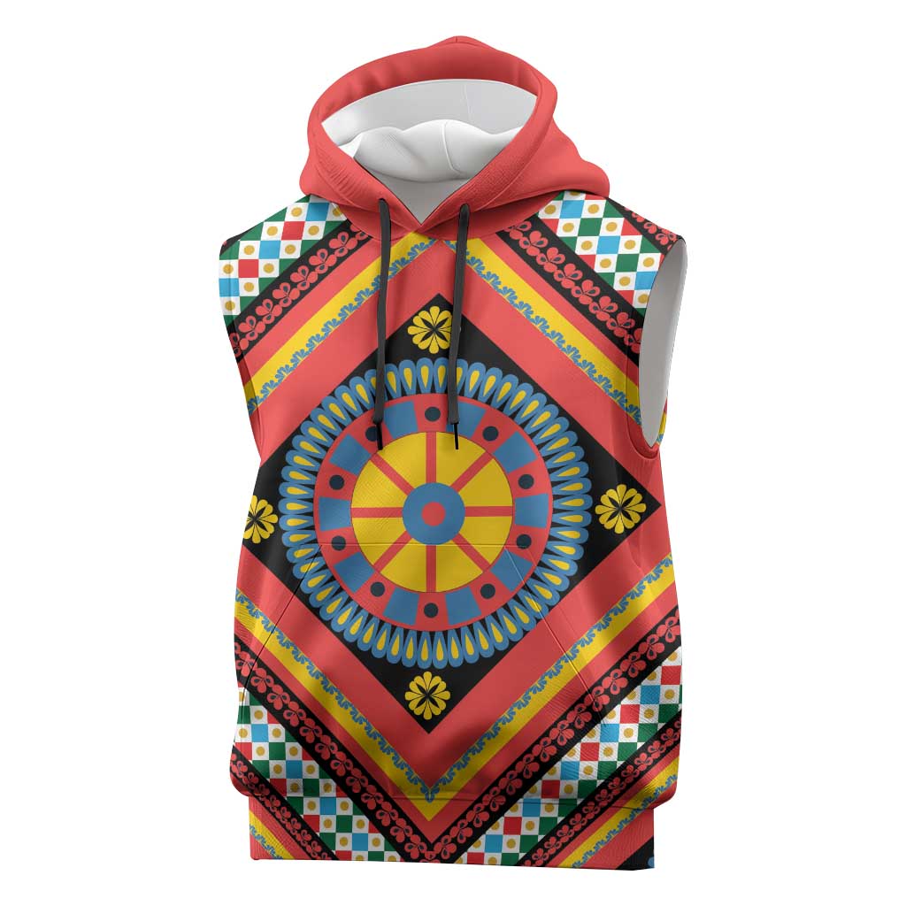 Sicily Italy Carretto Siciliano Sleeveless Hoodie Red Sicilian Cart Wheel Pattern