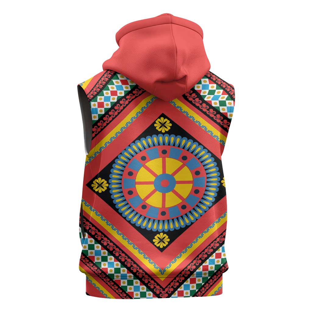 Sicily Italy Carretto Siciliano Sleeveless Hoodie Red Sicilian Cart Wheel Pattern