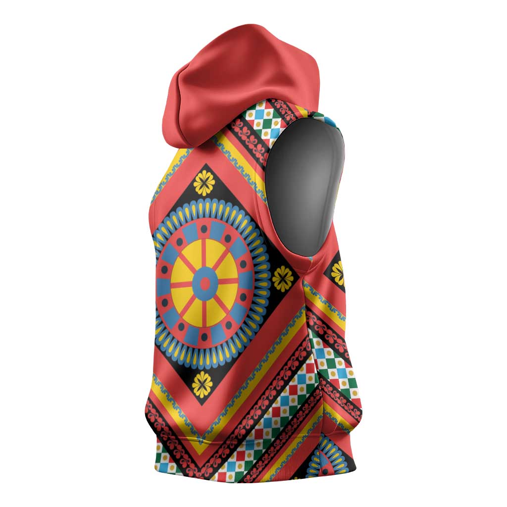 Sicily Italy Carretto Siciliano Sleeveless Hoodie Red Sicilian Cart Wheel Pattern