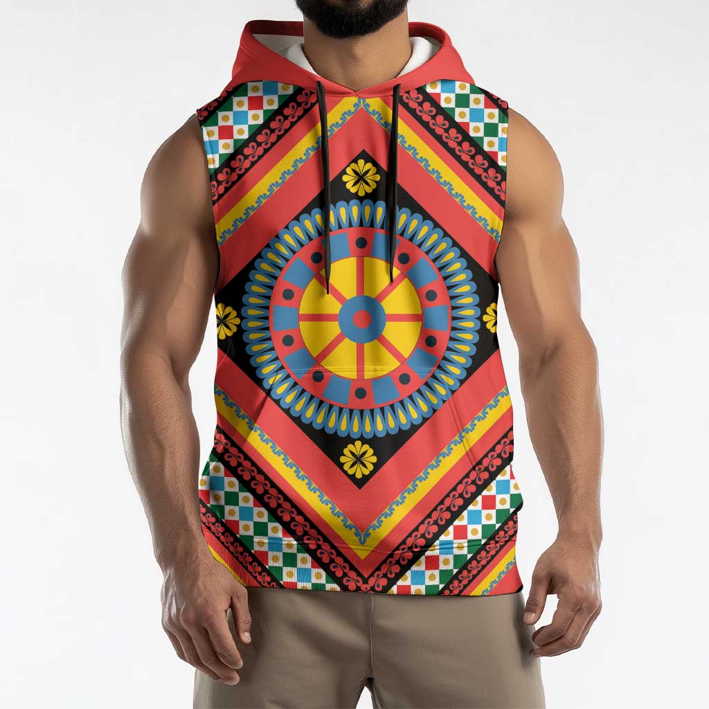 Sicily Italy Carretto Siciliano Sleeveless Hoodie Red Sicilian Cart Wheel Pattern