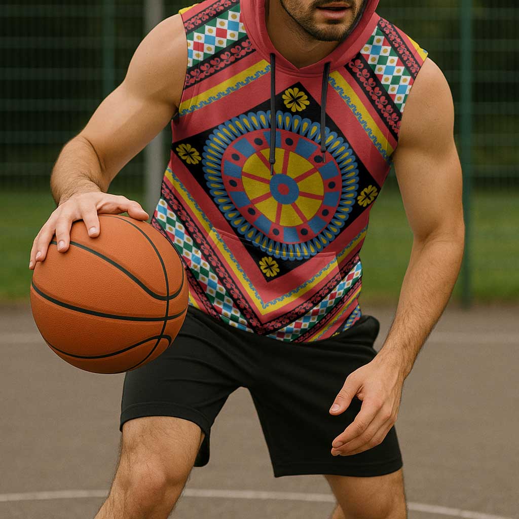 Sicily Italy Carretto Siciliano Sleeveless Hoodie Red Sicilian Cart Wheel Pattern