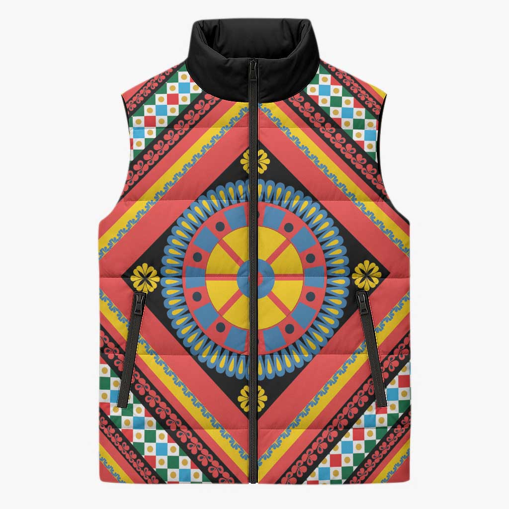 Sicily Italy Carretto Siciliano Sleeveless Puffer Jacket Red Sicilian Cart Wheel Pattern