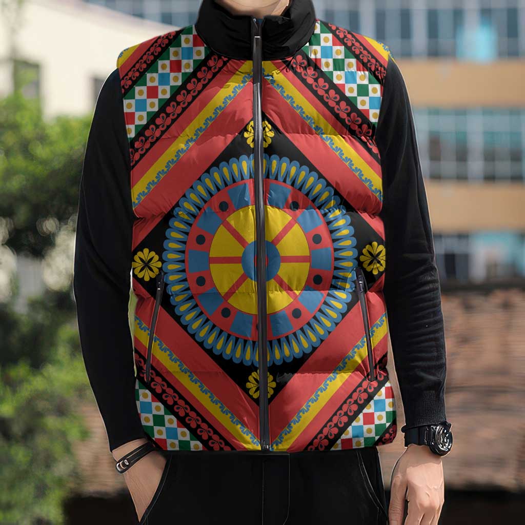 Sicily Italy Carretto Siciliano Sleeveless Puffer Jacket Red Sicilian Cart Wheel Pattern