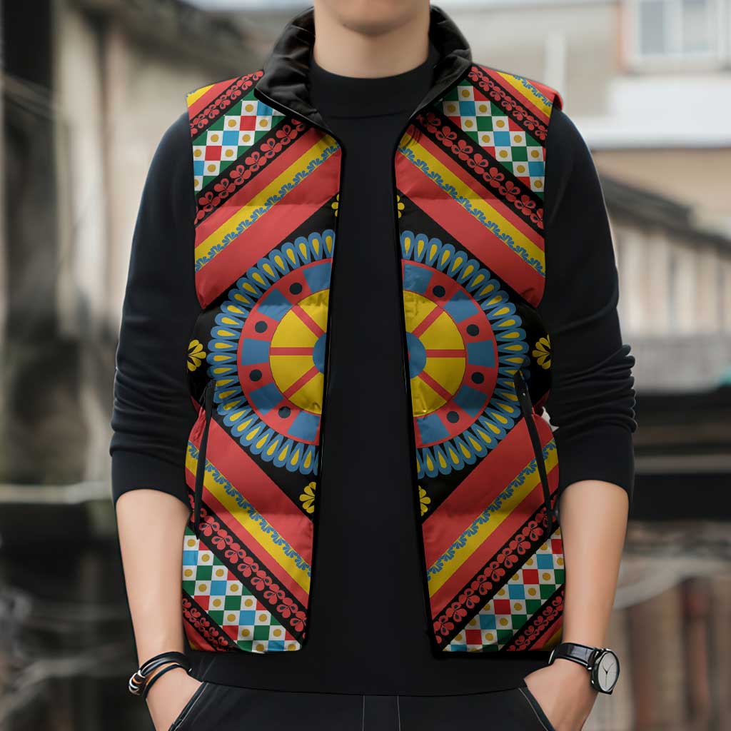 Sicily Italy Carretto Siciliano Sleeveless Puffer Jacket Red Sicilian Cart Wheel Pattern
