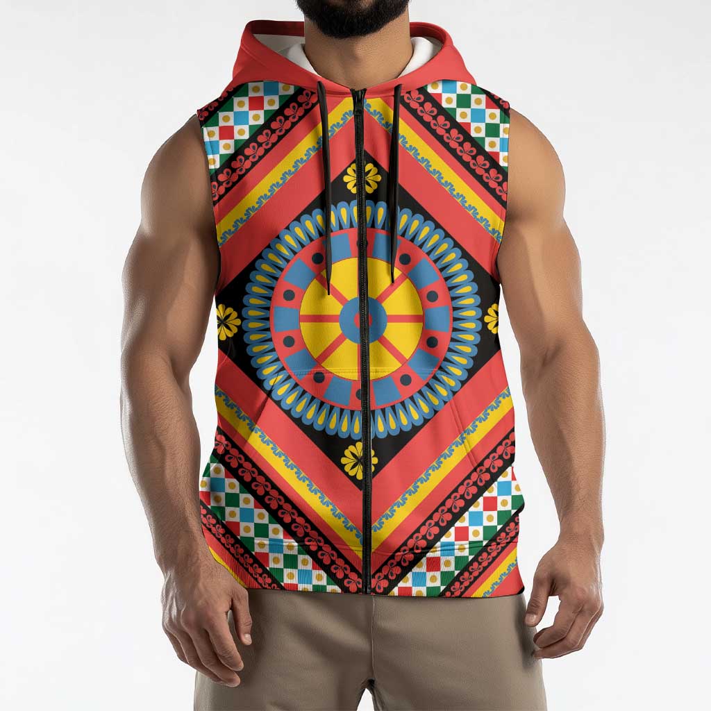 Sicily Italy Carretto Siciliano Sleeveless Zip Hoodie Red Sicilian Cart Wheel Pattern