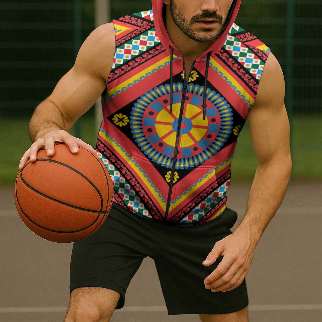 Sicily Italy Carretto Siciliano Sleeveless Zip Hoodie Red Sicilian Cart Wheel Pattern