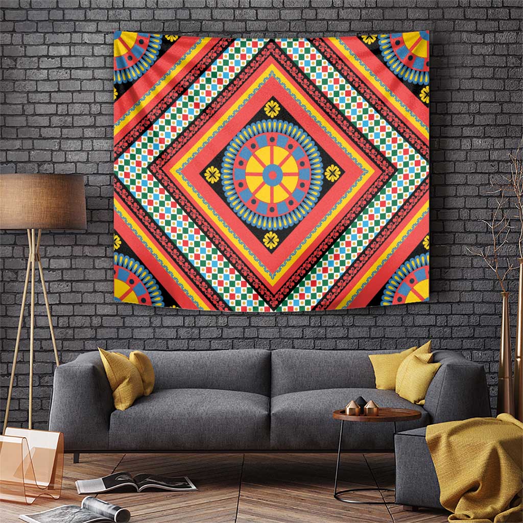 Sicily Italy Carretto Siciliano Tapestry Red Sicilian Cart Wheel Pattern
