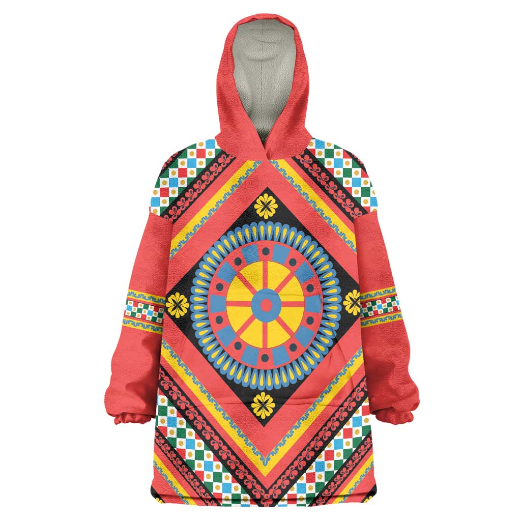 Sicily Italy Carretto Siciliano Wearable Blanket Hoodie Red Sicilian Cart Wheel Pattern