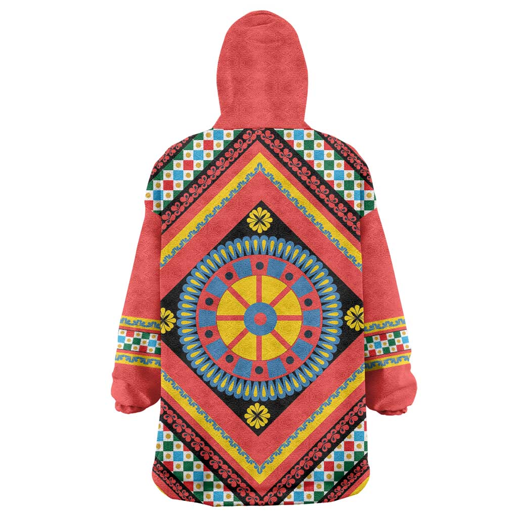 Sicily Italy Carretto Siciliano Wearable Blanket Hoodie Red Sicilian Cart Wheel Pattern