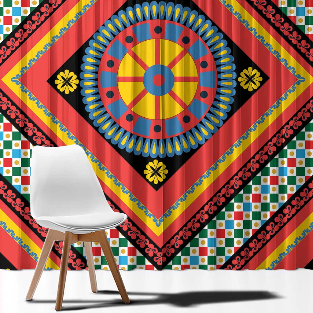 Sicily Italy Carretto Siciliano Window Curtain Red Sicilian Cart Wheel Pattern