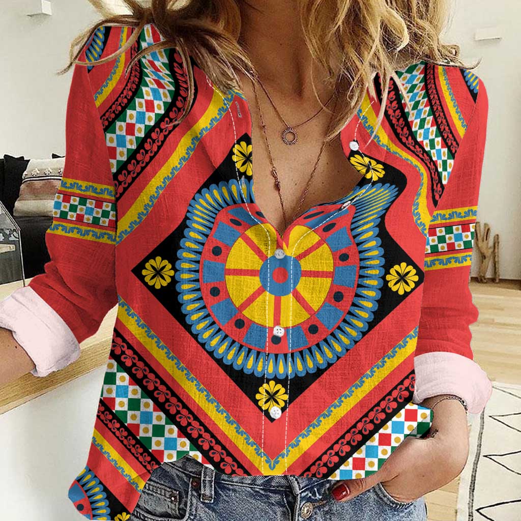 Sicily Italy Carretto Siciliano Women Casual Shirt Red Sicilian Cart Wheel Pattern