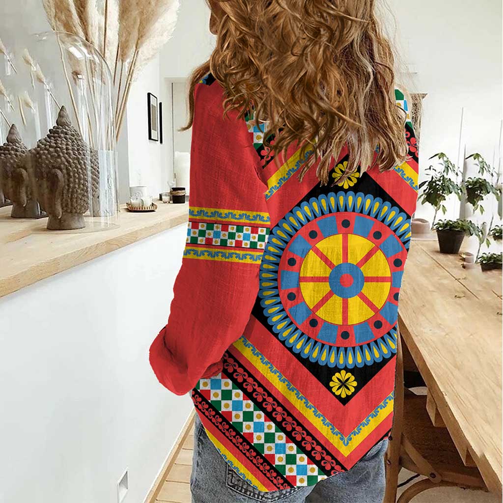 Sicily Italy Carretto Siciliano Women Casual Shirt Red Sicilian Cart Wheel Pattern