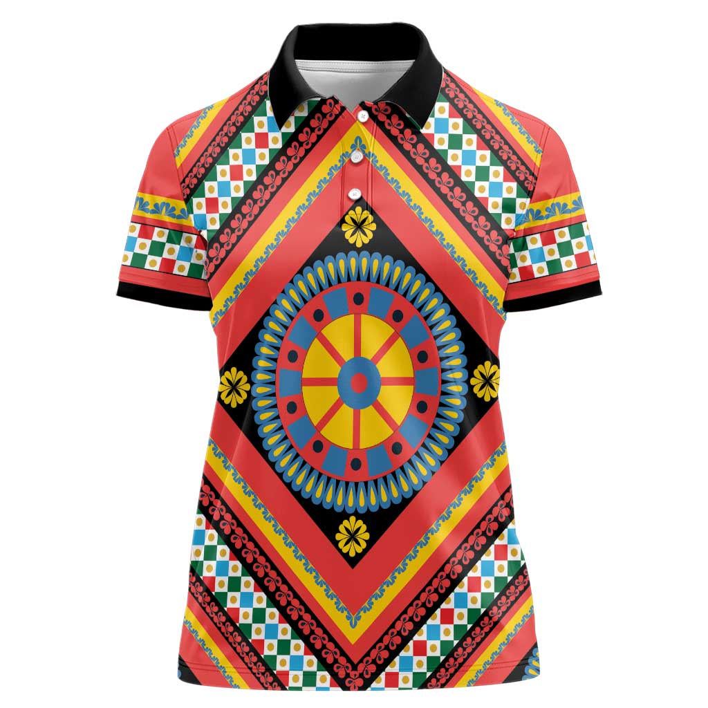 Sicily Italy Carretto Siciliano Women Polo Shirt Red Sicilian Cart Wheel Pattern