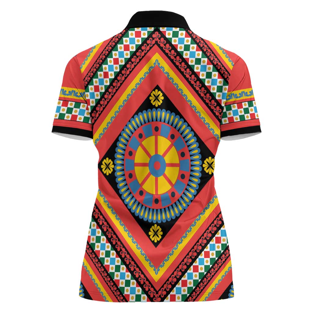 Sicily Italy Carretto Siciliano Women Polo Shirt Red Sicilian Cart Wheel Pattern