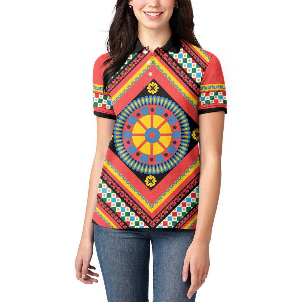 Sicily Italy Carretto Siciliano Women Polo Shirt Red Sicilian Cart Wheel Pattern