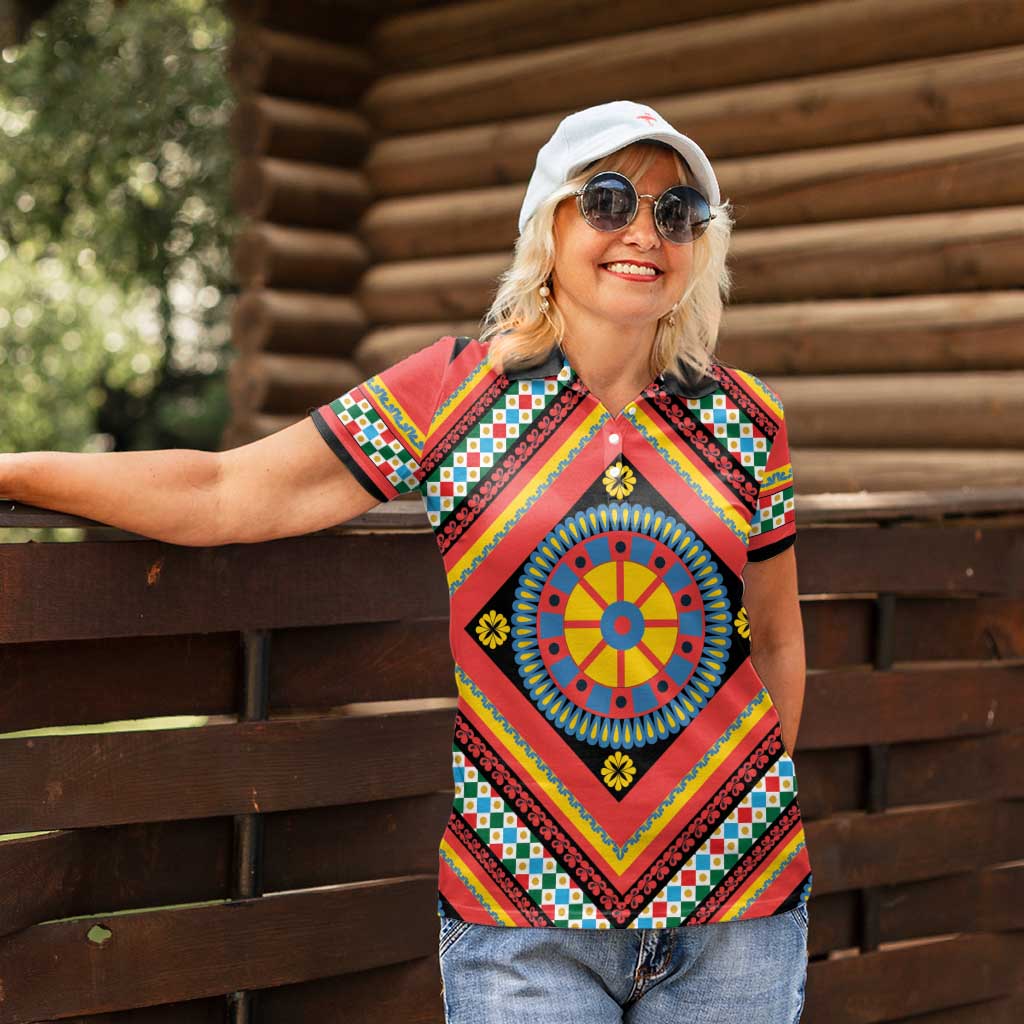 Sicily Italy Carretto Siciliano Women Polo Shirt Red Sicilian Cart Wheel Pattern