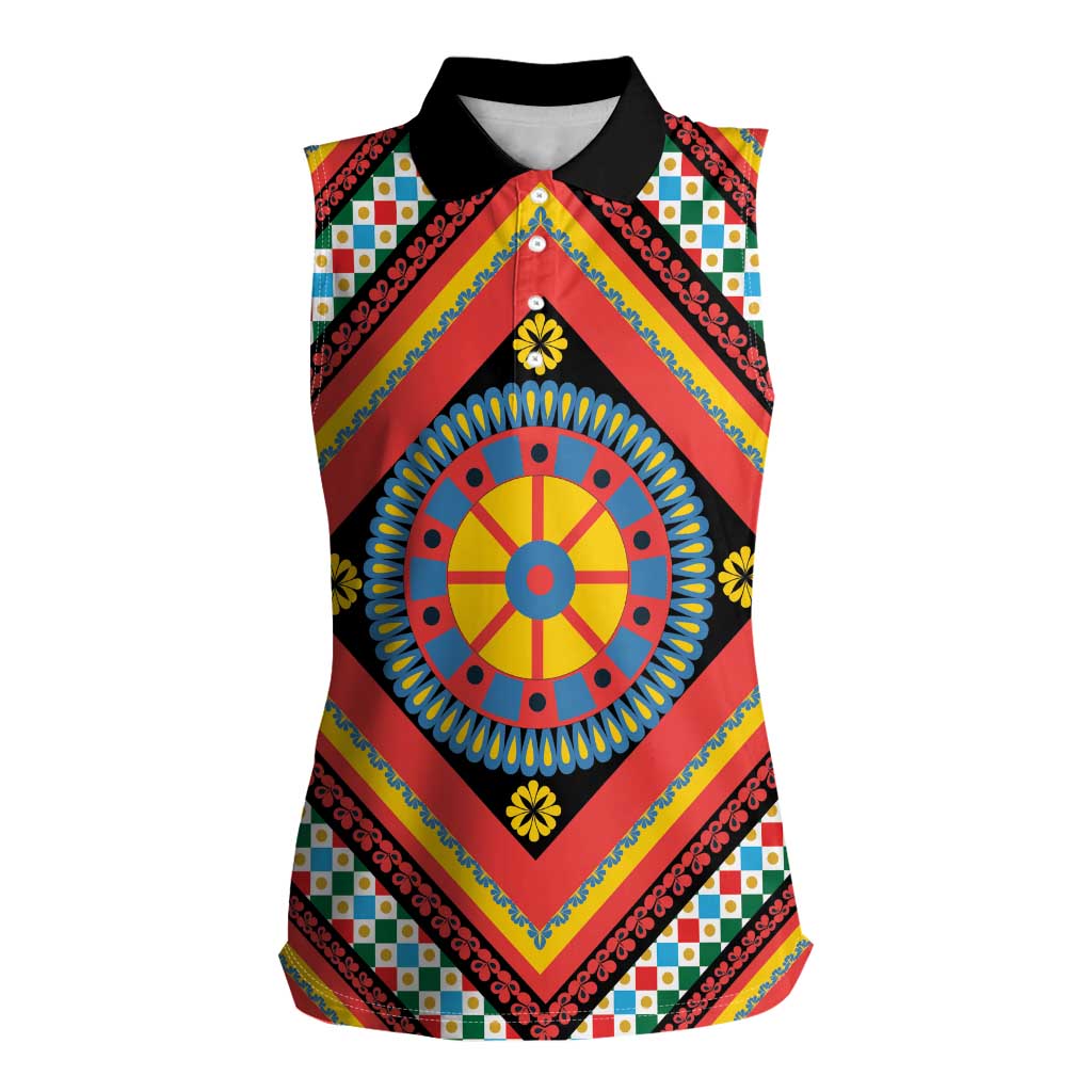 Sicily Italy Carretto Siciliano Women Sleeveless Polo Shirt Red Sicilian Cart Wheel Pattern