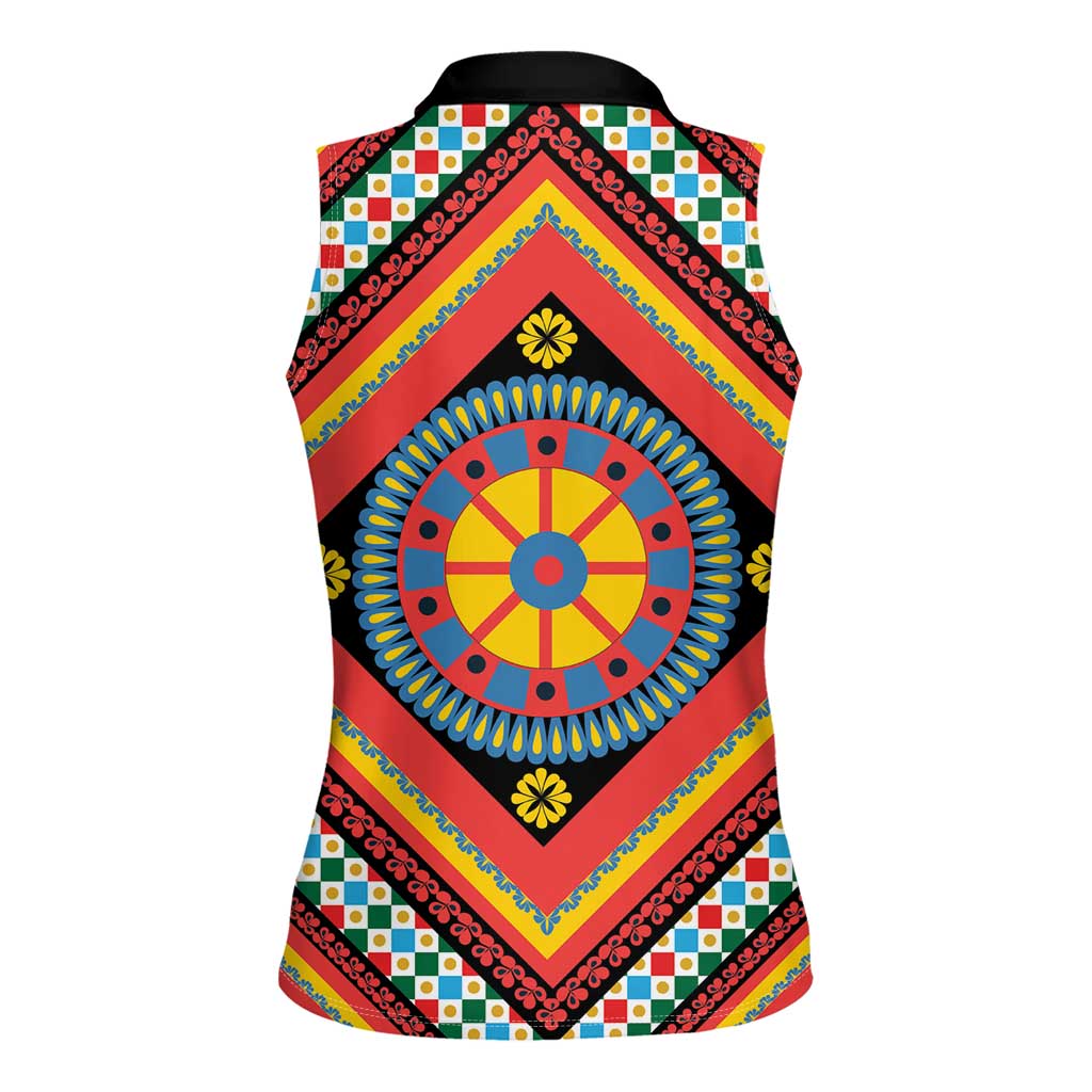 Sicily Italy Carretto Siciliano Women Sleeveless Polo Shirt Red Sicilian Cart Wheel Pattern