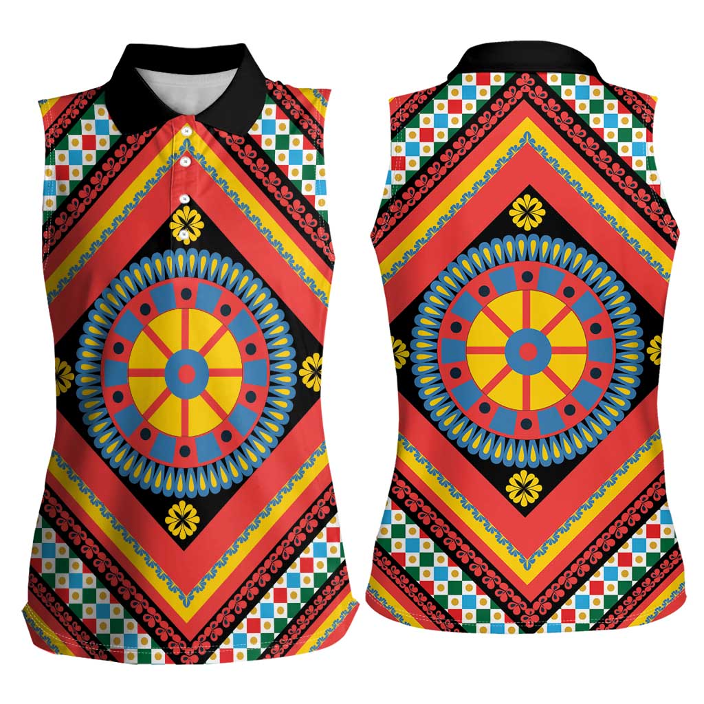 Sicily Italy Carretto Siciliano Women Sleeveless Polo Shirt Red Sicilian Cart Wheel Pattern