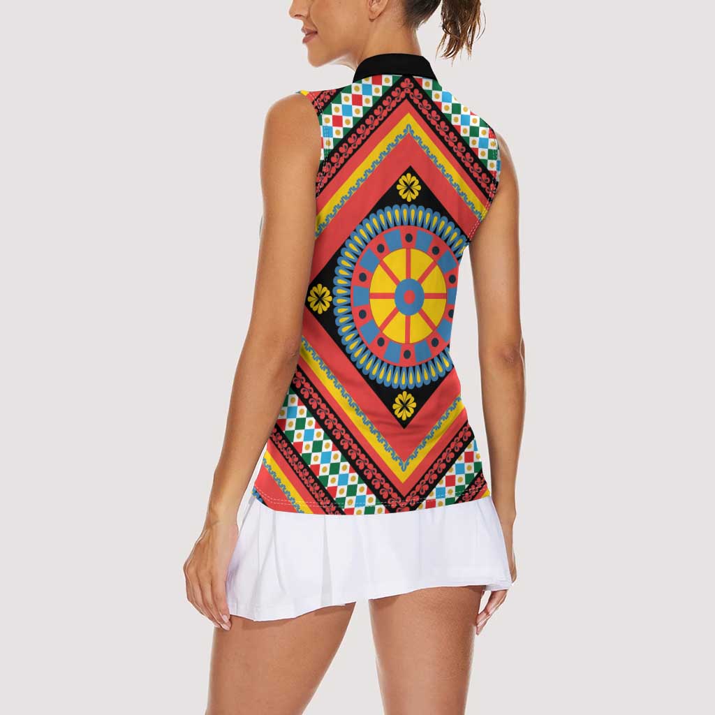 Sicily Italy Carretto Siciliano Women Sleeveless Polo Shirt Red Sicilian Cart Wheel Pattern