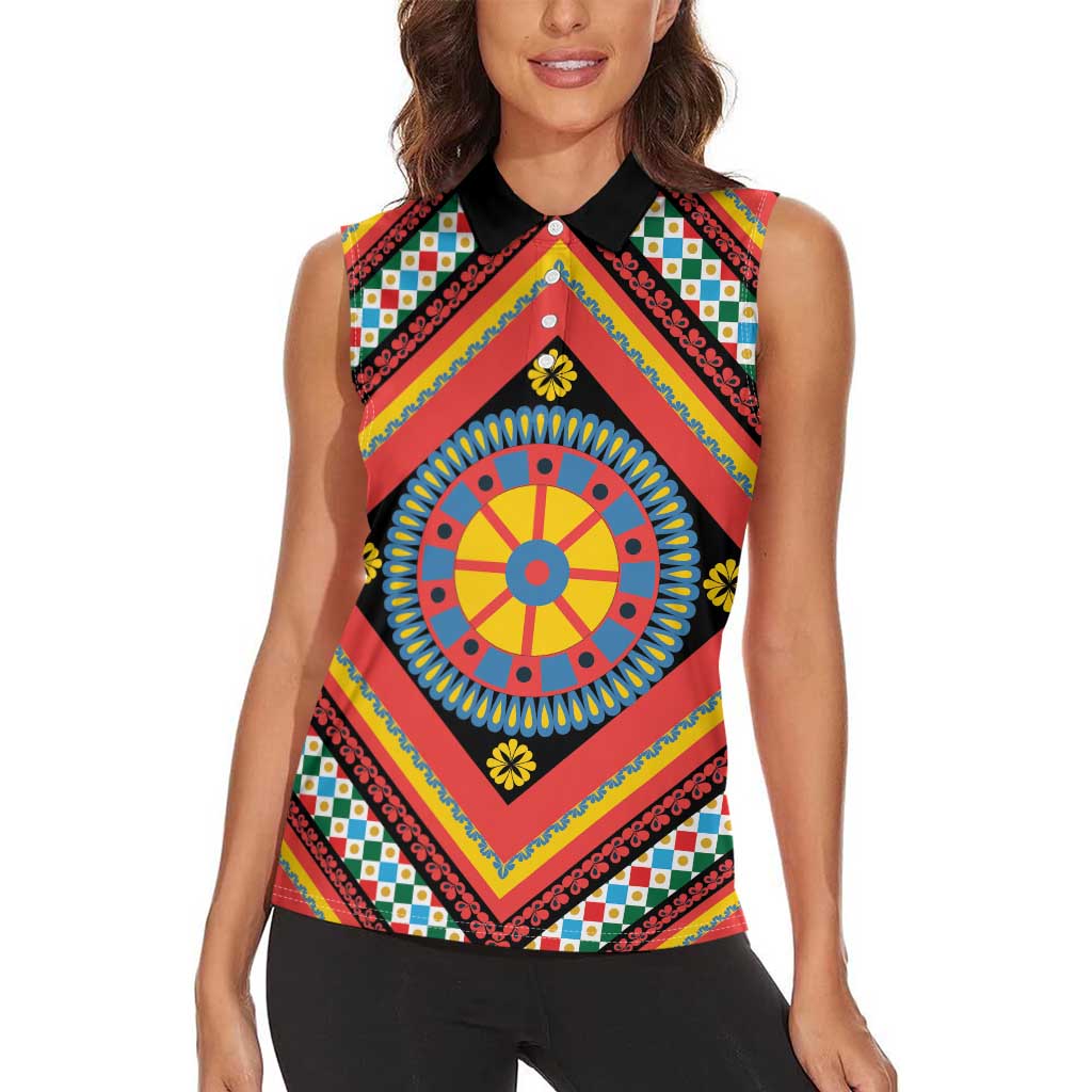 Sicily Italy Carretto Siciliano Women Sleeveless Polo Shirt Red Sicilian Cart Wheel Pattern