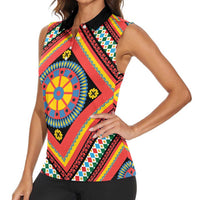 Sicily Italy Carretto Siciliano Women Sleeveless Polo Shirt Red Sicilian Cart Wheel Pattern