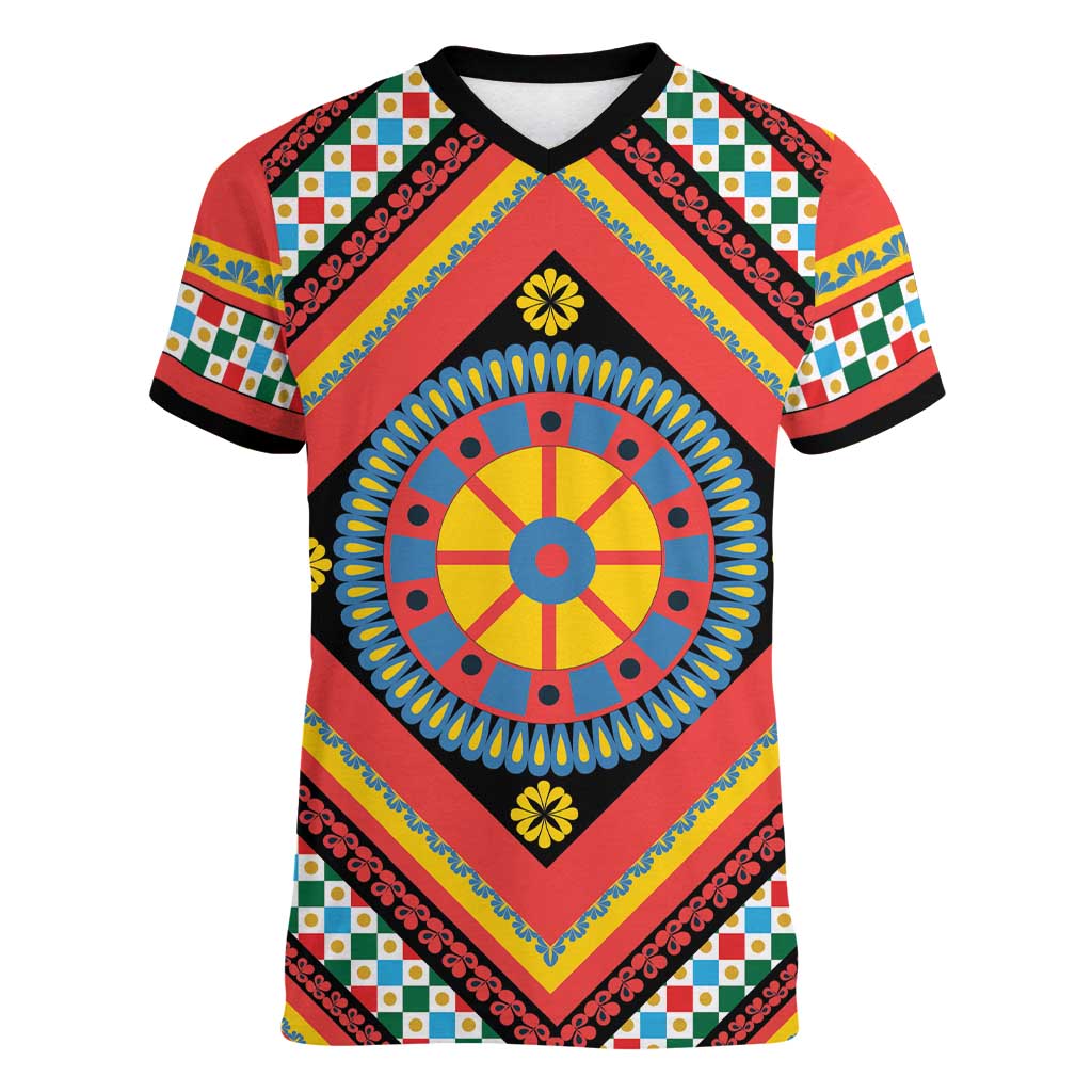 Sicily Italy Carretto Siciliano Women V-Neck T-Shirt Red Sicilian Cart Wheel Pattern
